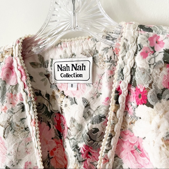 Vintage 80s Floral Pearl Trim Puff Sleeve Blazer  Size 8 - Picture 11 of 13